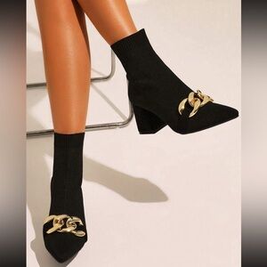 Elegant Black Ankle Boots with Gold Chain Detail
